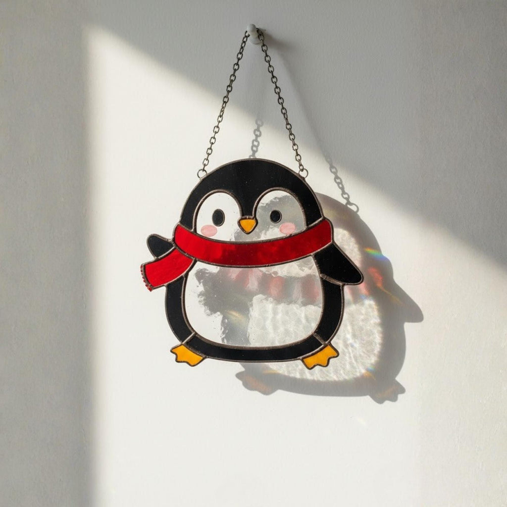 Minimal penguin stained glass suncatcher, handmade glass art gift