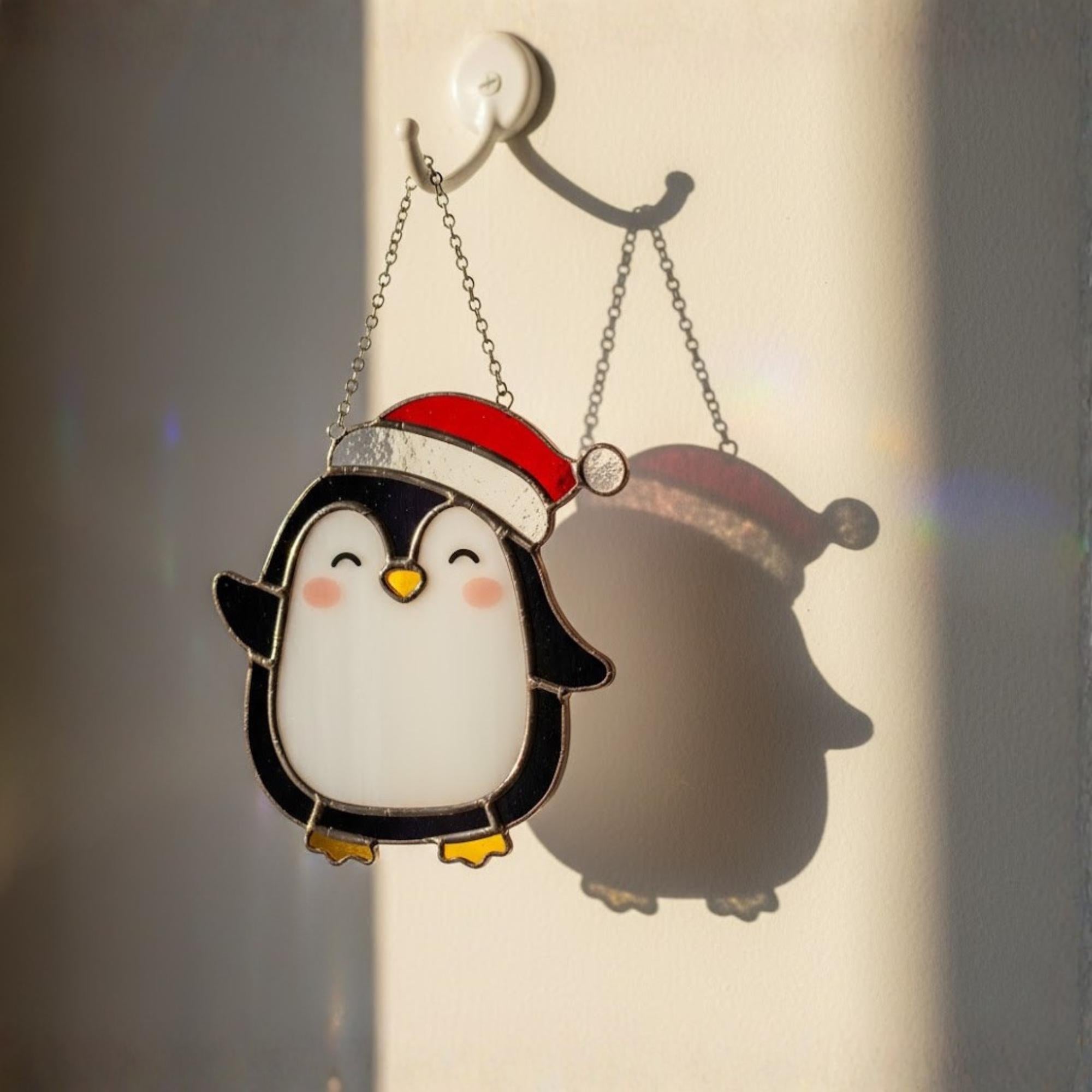 Penguin stained glass with red scarf, handmade window decor gift