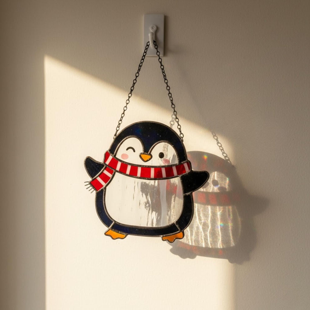 Penguin on ice floe stained glass design, cute winter window ornament
