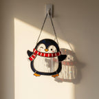 Penguin on ice floe stained glass design, cute winter window ornament