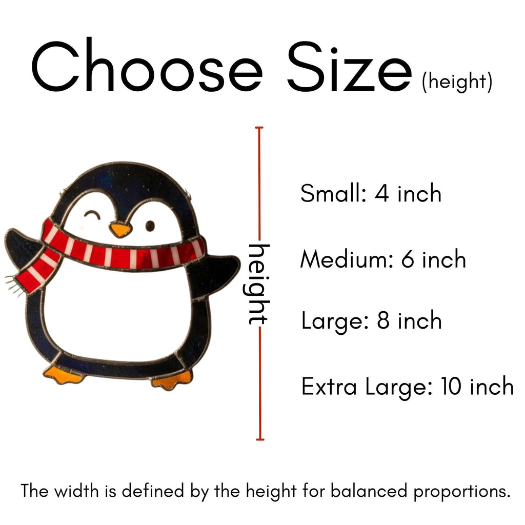 Size chart for penguin suncatcher, small 4in to extra large 10in