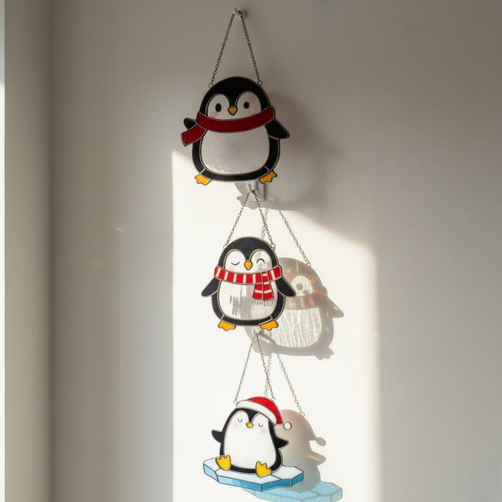 Trio of penguin window hangings in living room, handmade glass art decor