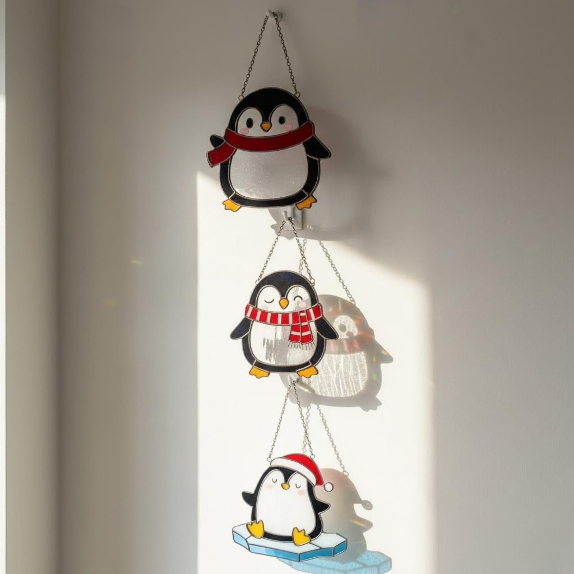 Trio of penguin window hangings in living room, handmade glass art decor