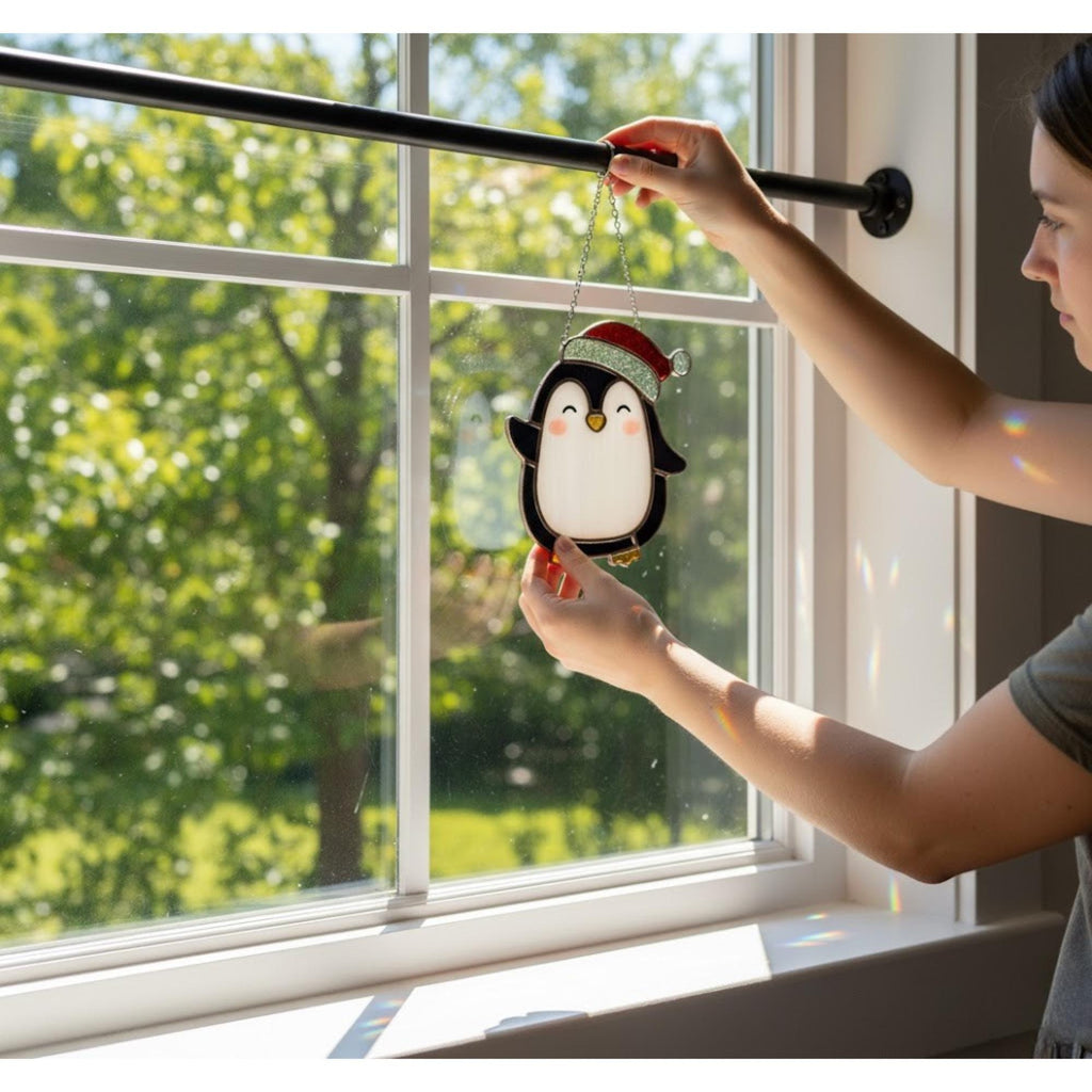 Couple exchanging handmade penguin suncatcher, cute holiday gift idea