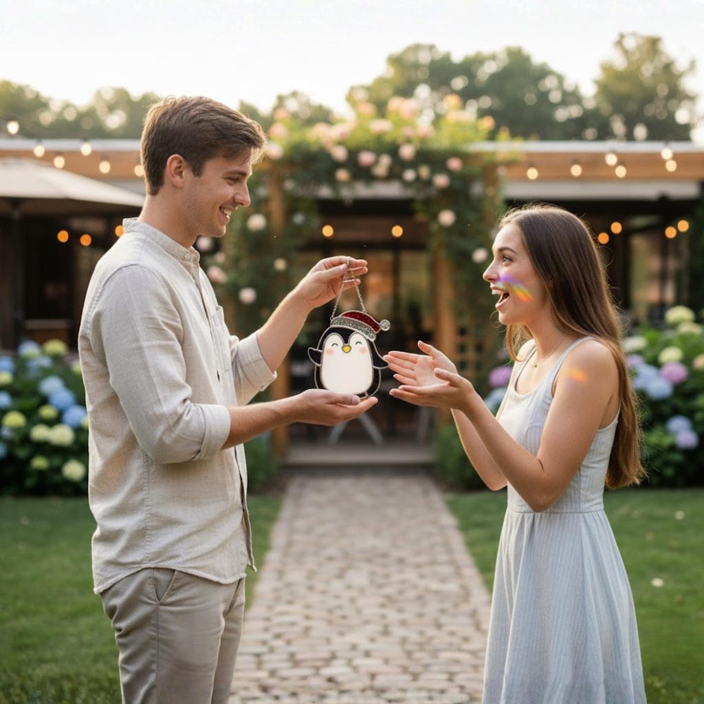 Gift box with penguin stained glass ornament, ready for Christmas gifting
