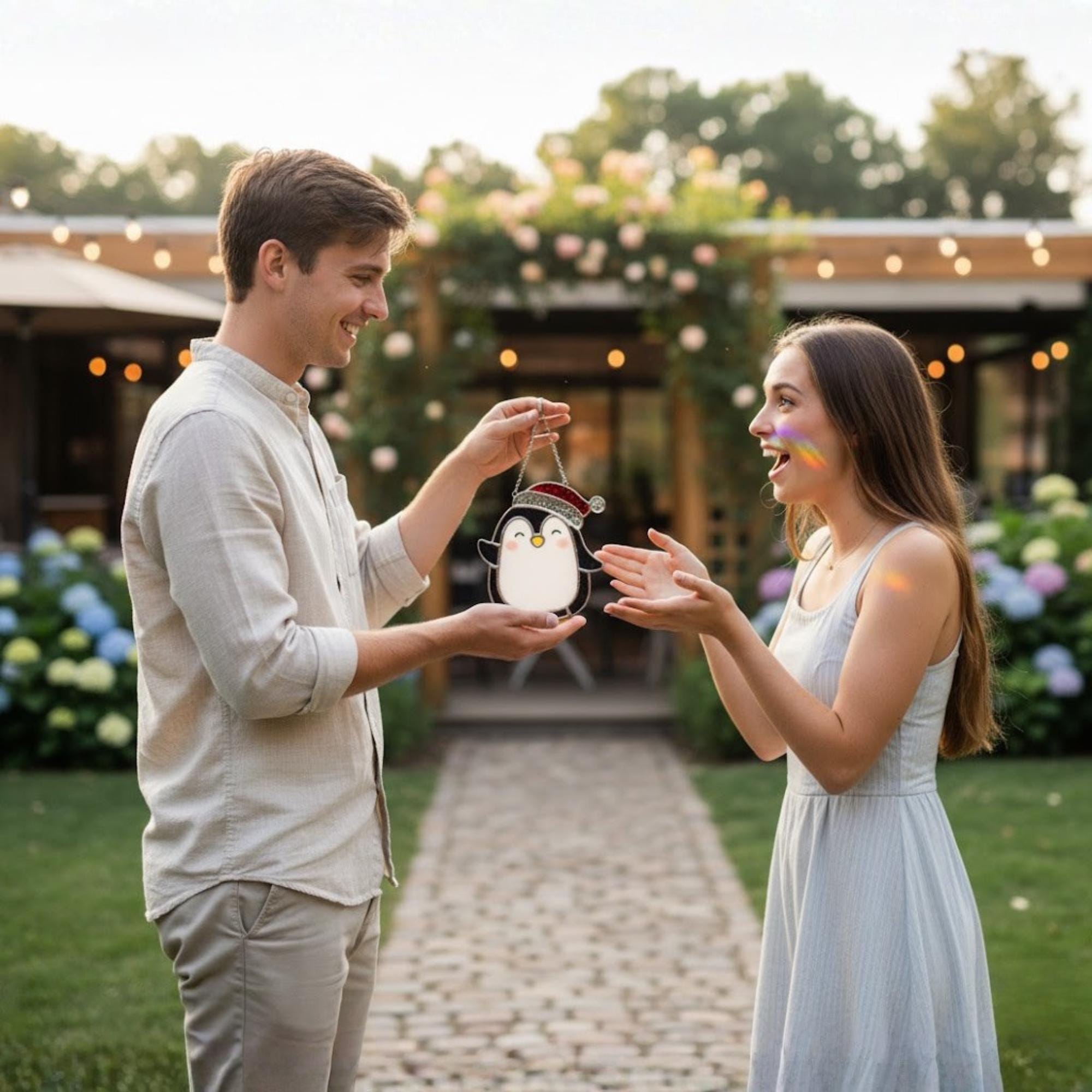 Gift box with penguin stained glass ornament, ready for Christmas gifting