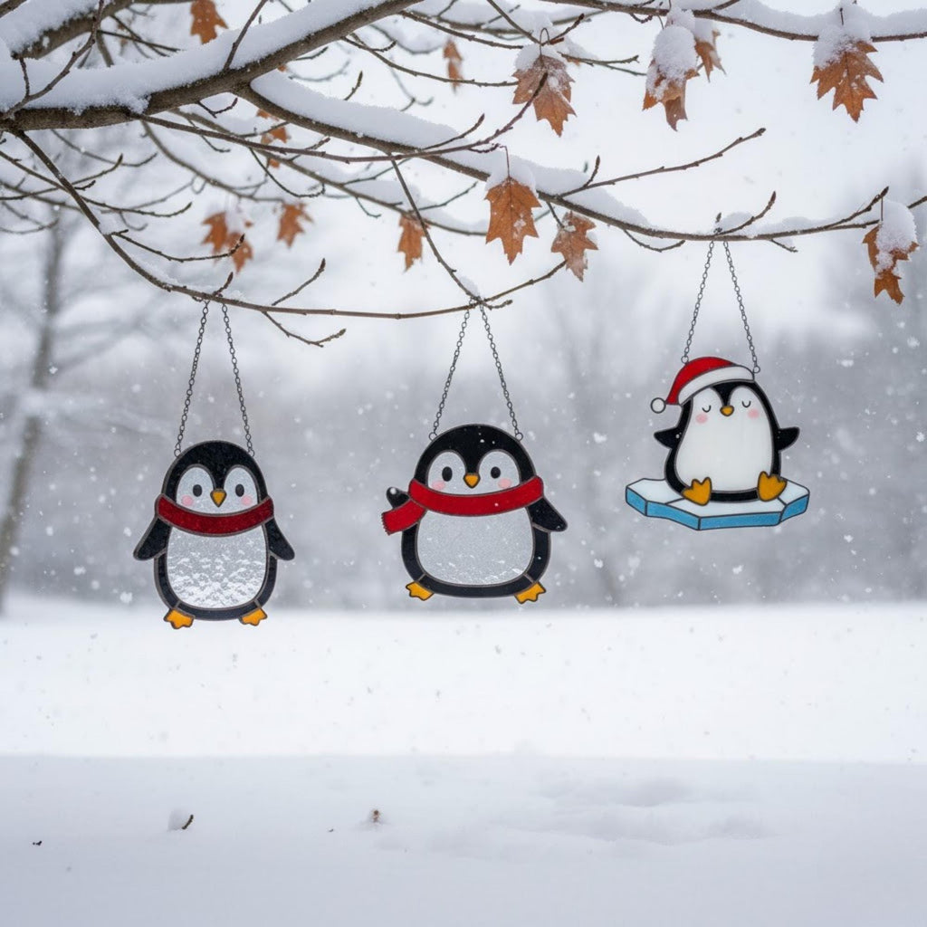 Row of penguin suncatchers across large window, bright winter home decoration