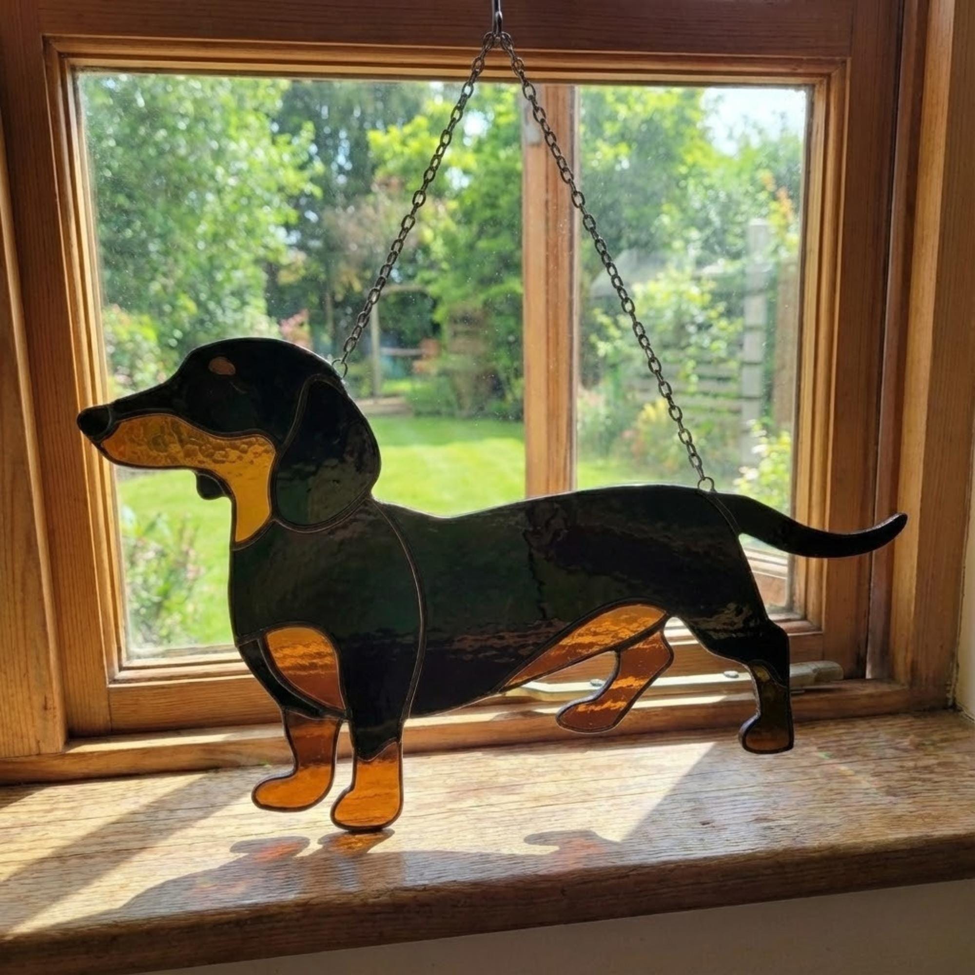 Stained Glass Dachshund Suncatcher, Pet Memorial Gift, Wiener Dog Art, Sausage Dog Ornament, Dog Lover Gift for Mom, Window Hanging