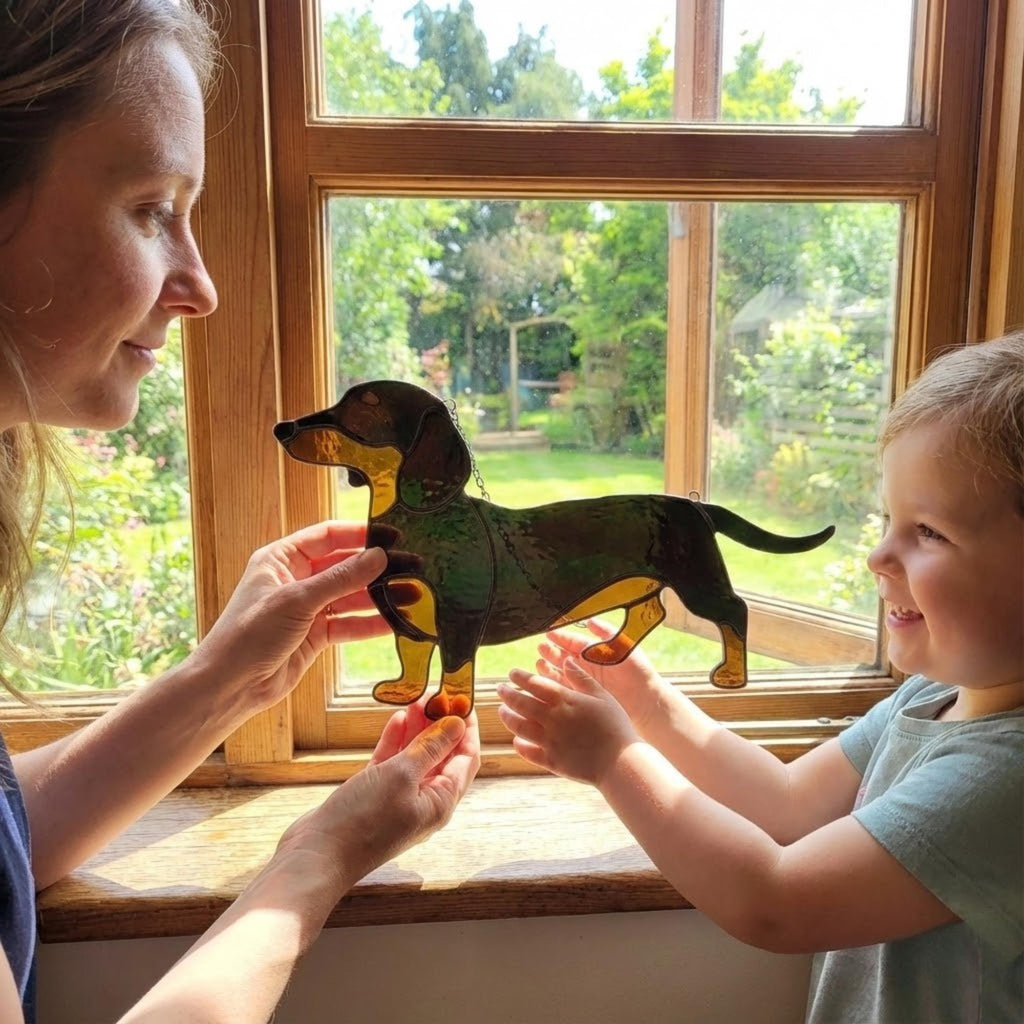 Stained Glass Dachshund Suncatcher, Pet Memorial Gift, Wiener Dog Art, Sausage Dog Ornament, Dog Lover Gift for Mom, Window Hanging