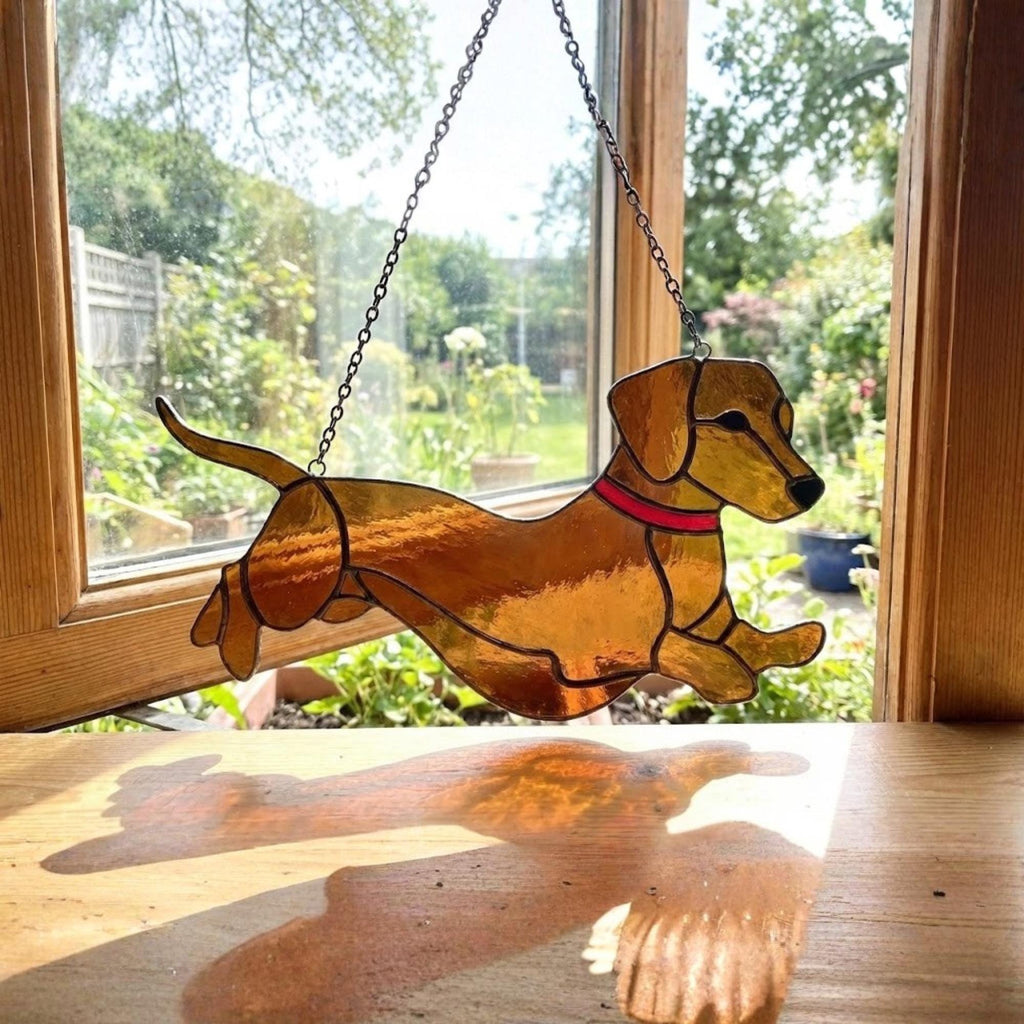 Stained Glass Dachshund Suncatcher, Pet Memorial Gift, Wiener Dog Art, Sausage Dog Ornament, Dog Lover Gift for Mom, Window Hanging