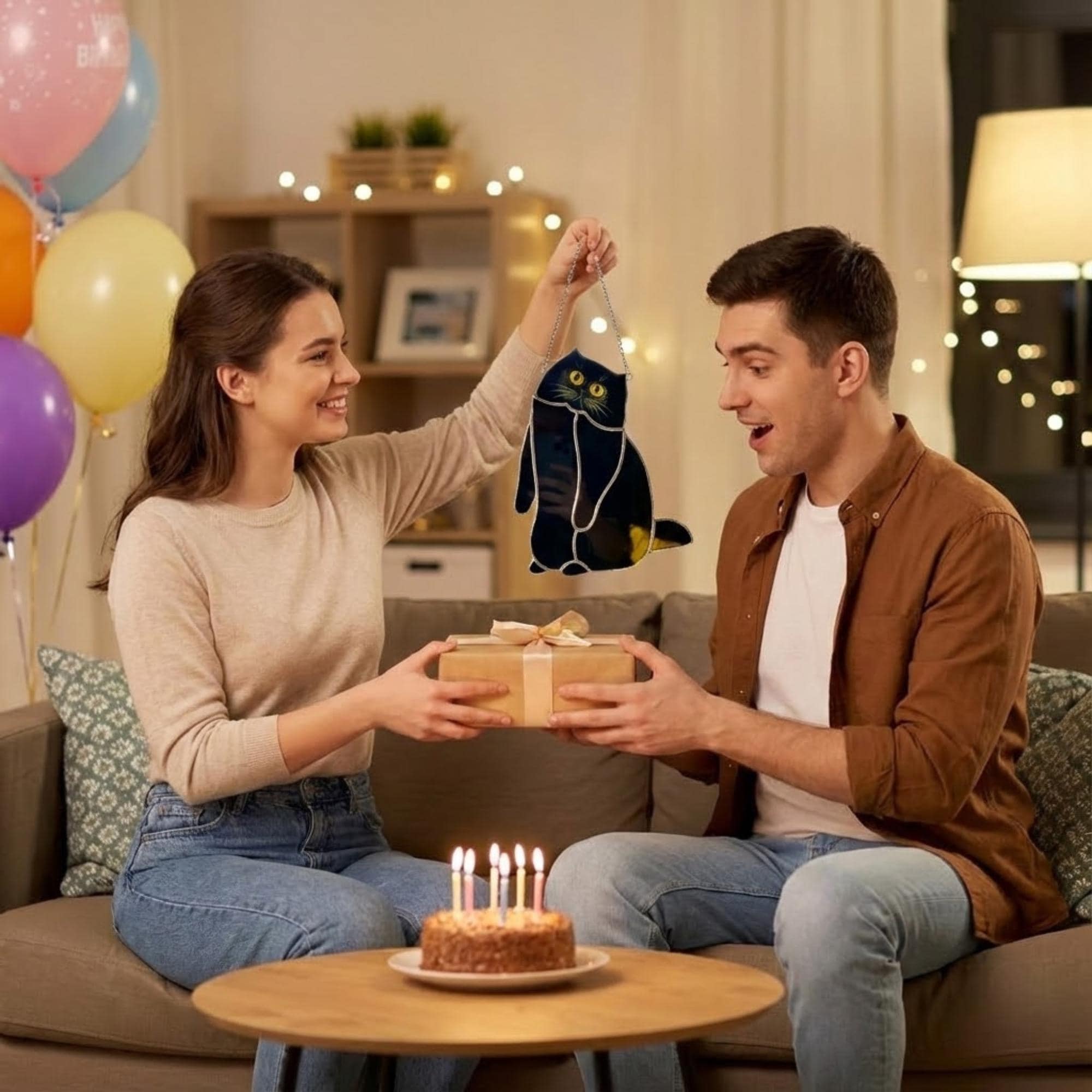 Black Cat Stained Glass Suncatcher, Pet Memorial Gift for Her, Tuxedo Cat Ornament, Cat Mom Birthday Gift, Window Hanging Decor