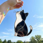 Black Cat Stained Glass Suncatcher, Pet Memorial Gift for Her, Tuxedo Cat Ornament, Cat Mom Birthday Gift, Window Hanging Decor
