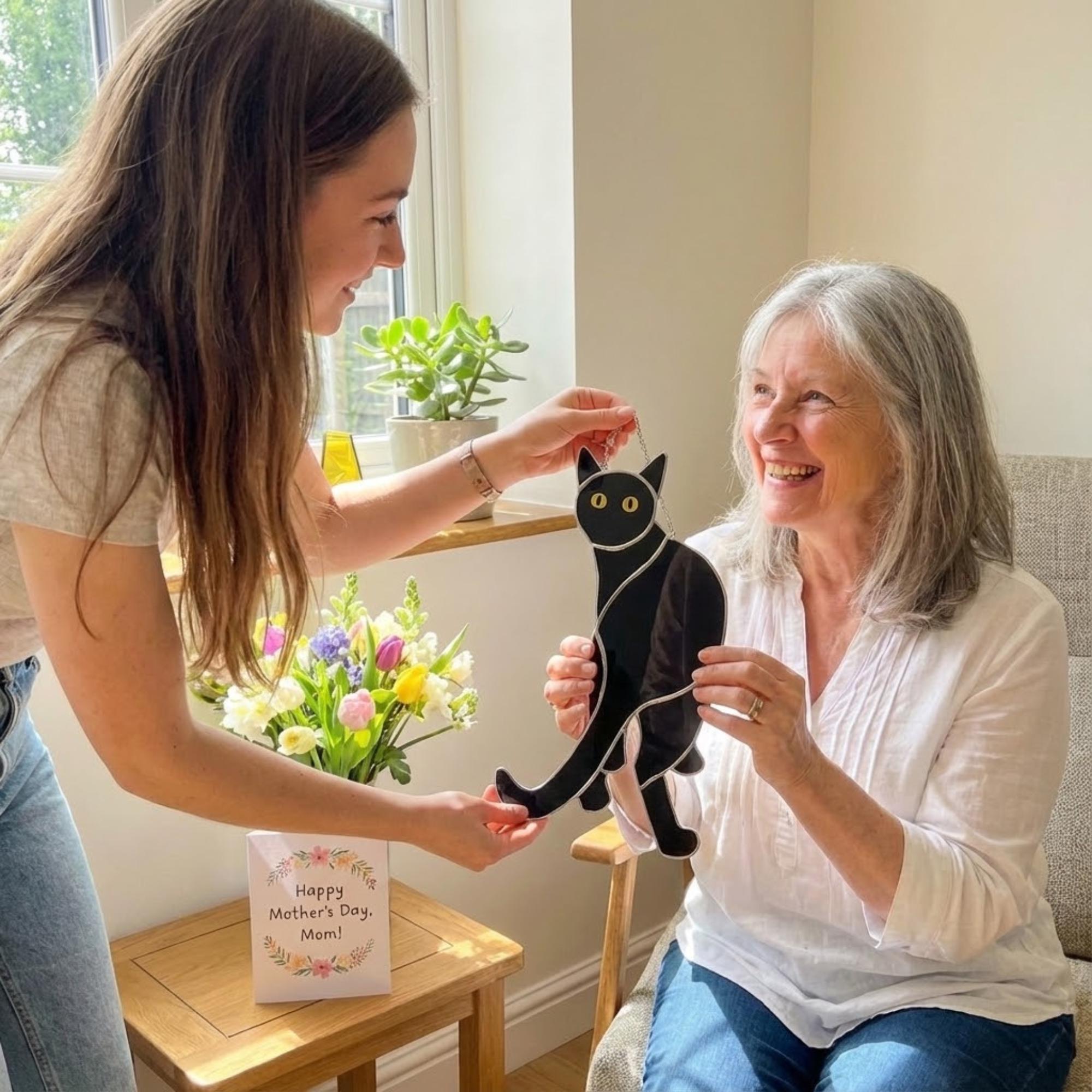 Black Cat Stained Glass Suncatcher, Pet Memorial Gift for Her, Tuxedo Cat Ornament, Cat Mom Birthday Gift, Window Hanging Decor