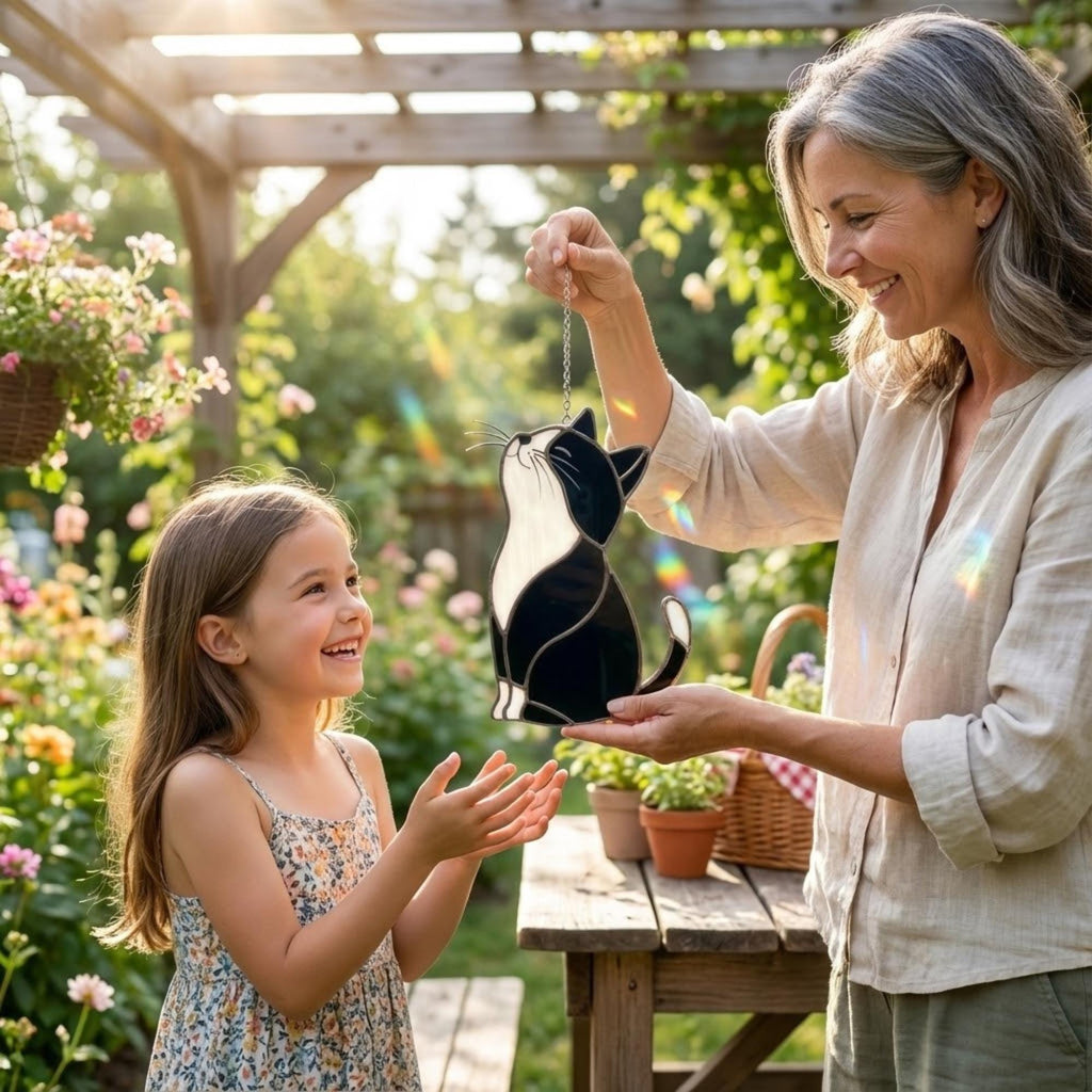 Black Cat Stained Glass Suncatcher, Pet Memorial Gift for Her, Tuxedo Cat Ornament, Cat Mom Birthday Gift, Window Hanging Decor