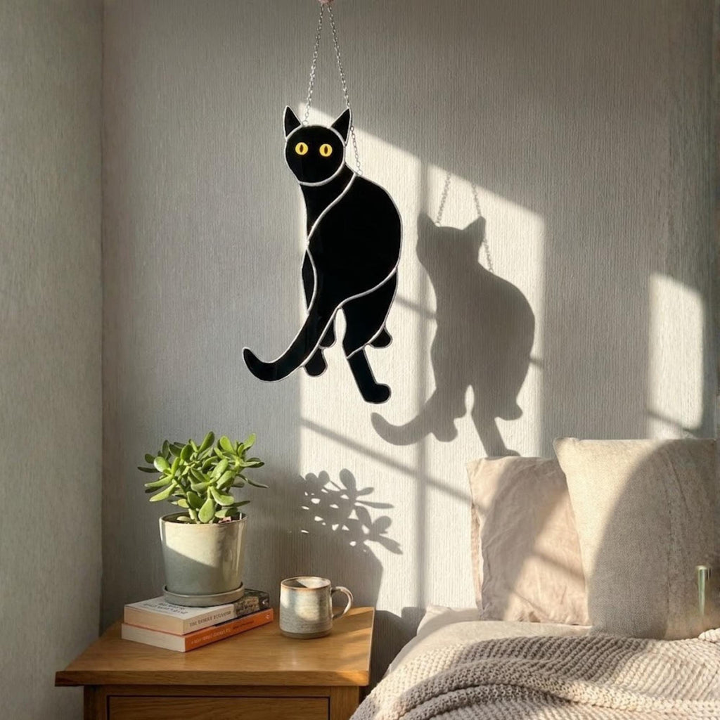 Black Cat Stained Glass Suncatcher, Pet Memorial Gift for Her, Tuxedo Cat Ornament, Cat Mom Birthday Gift, Window Hanging Decor