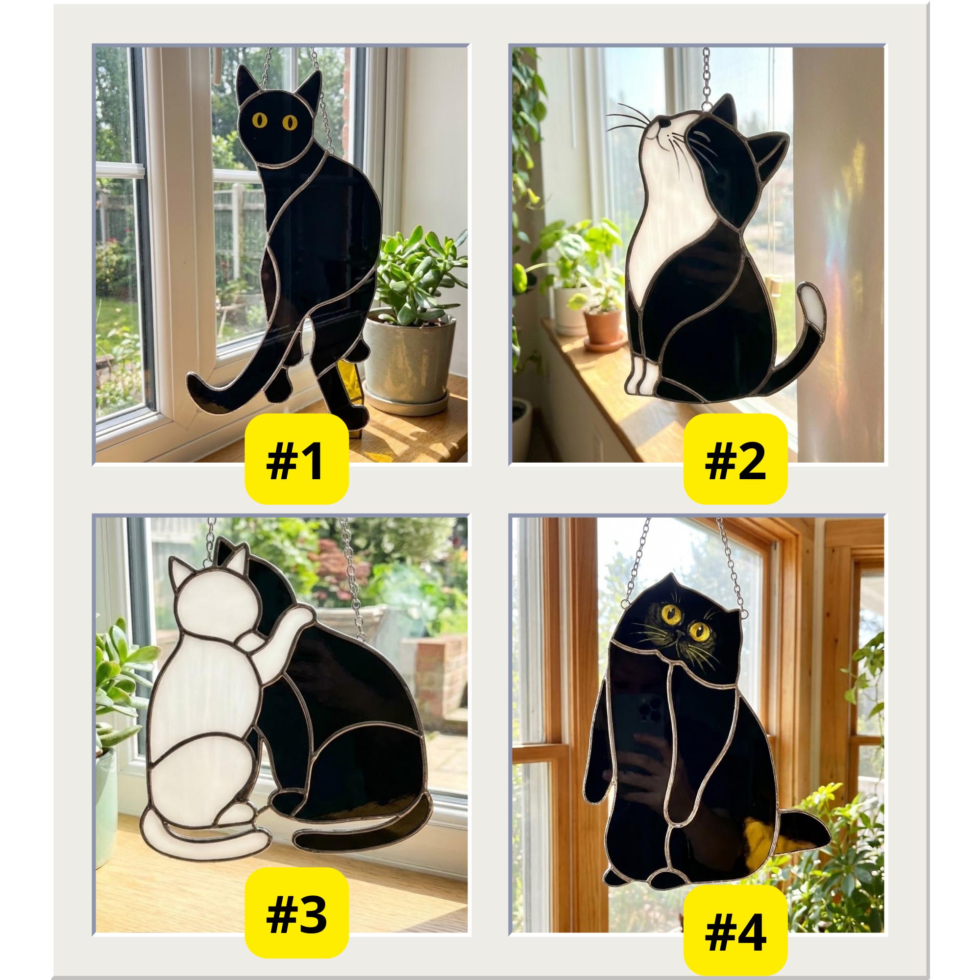 Black Cat Stained Glass Suncatcher, Pet Memorial Gift for Her, Tuxedo Cat Ornament, Cat Mom Birthday Gift, Window Hanging Decor