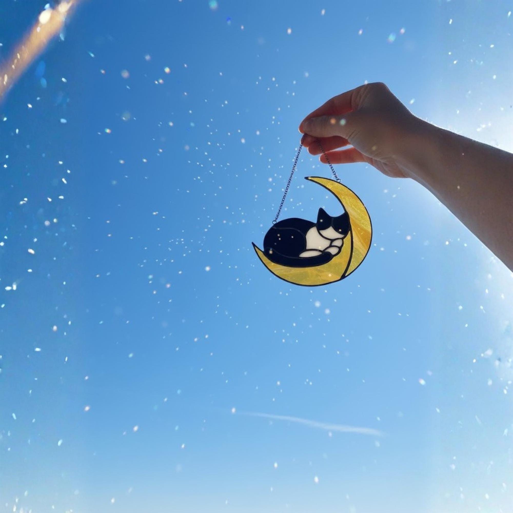 Cat on the Moon Stained Glass Suncatcher, Handmade Cat Window Hanging, Gift for Cat Lovers