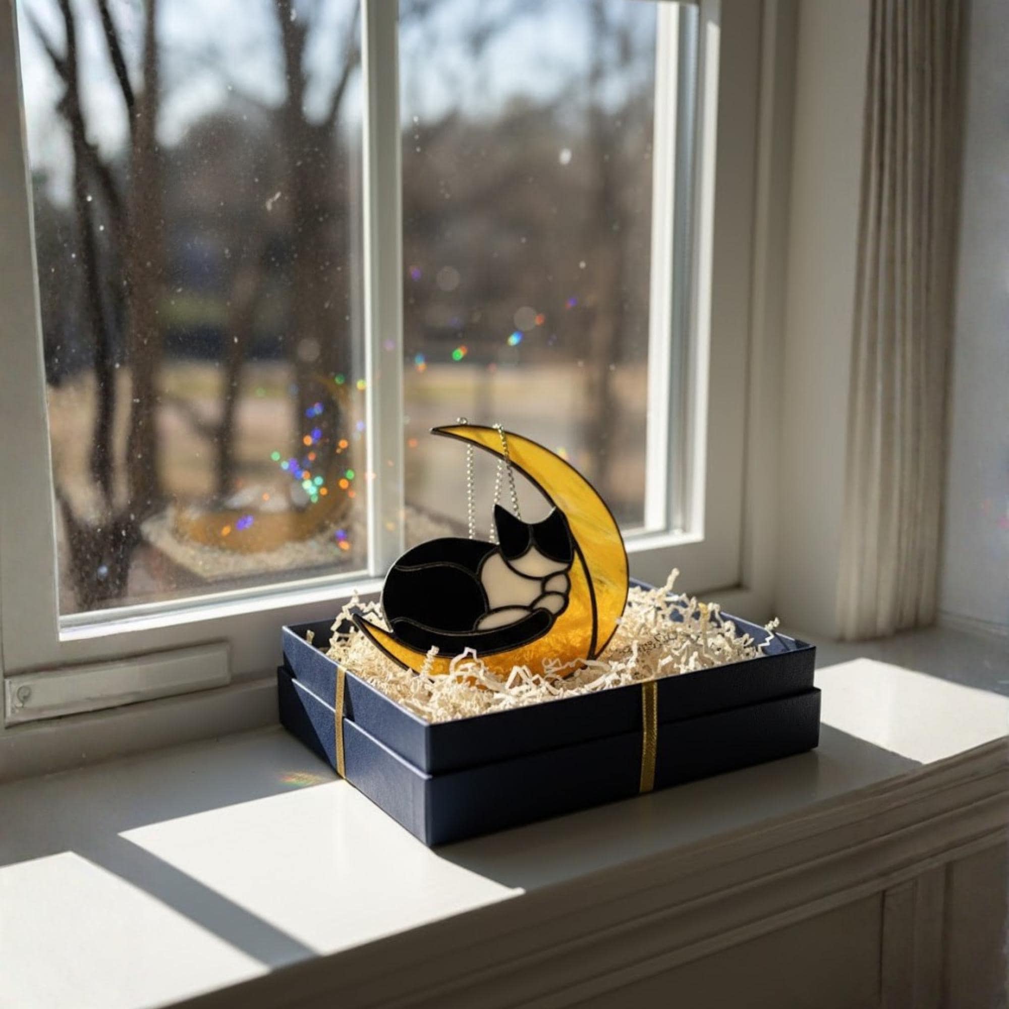 Stained Glass Cat on Moon, Celestial Suncatcher, Christmas Gift for Cat Mom, Pet Memorial Window Hanging, Unique Animal Lover Present