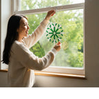 Woman hanging green snowflake stained glass on window, winter home decor