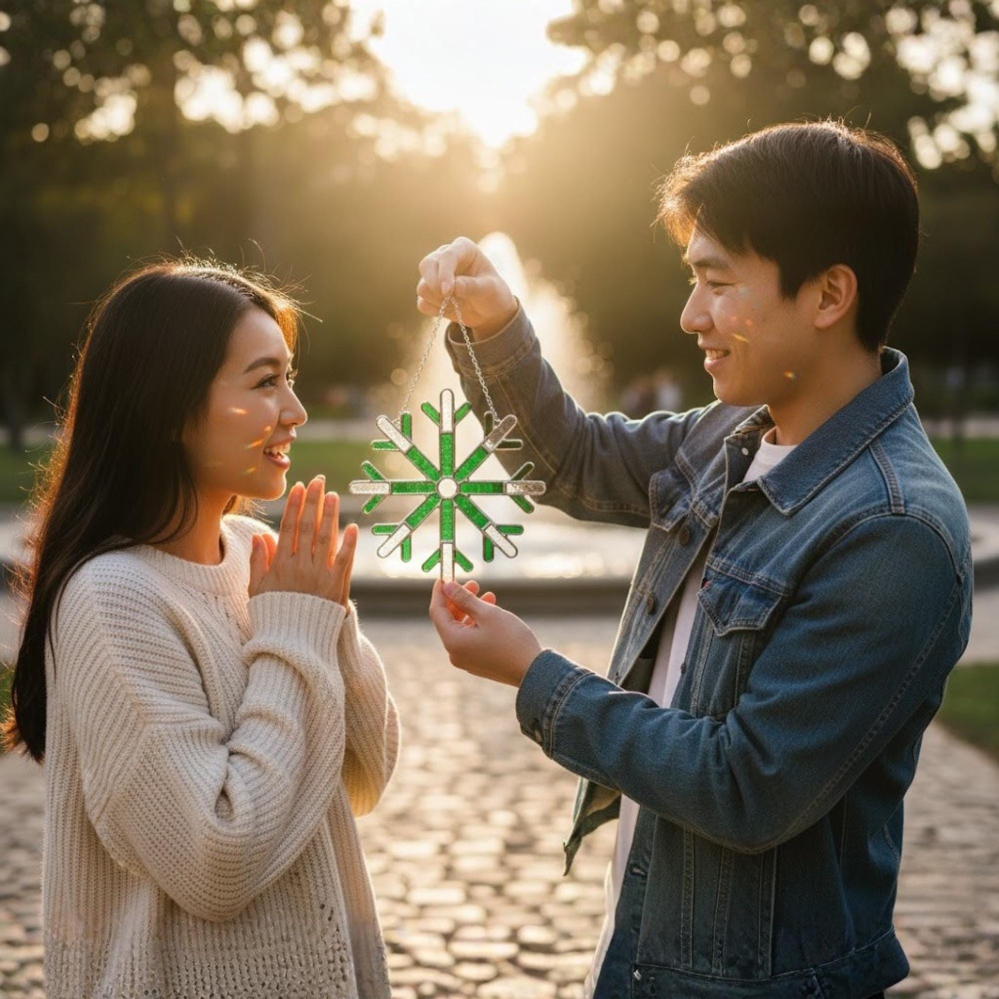 Couple exchanging green snowflake stained glass suncatcher, romantic holiday gift