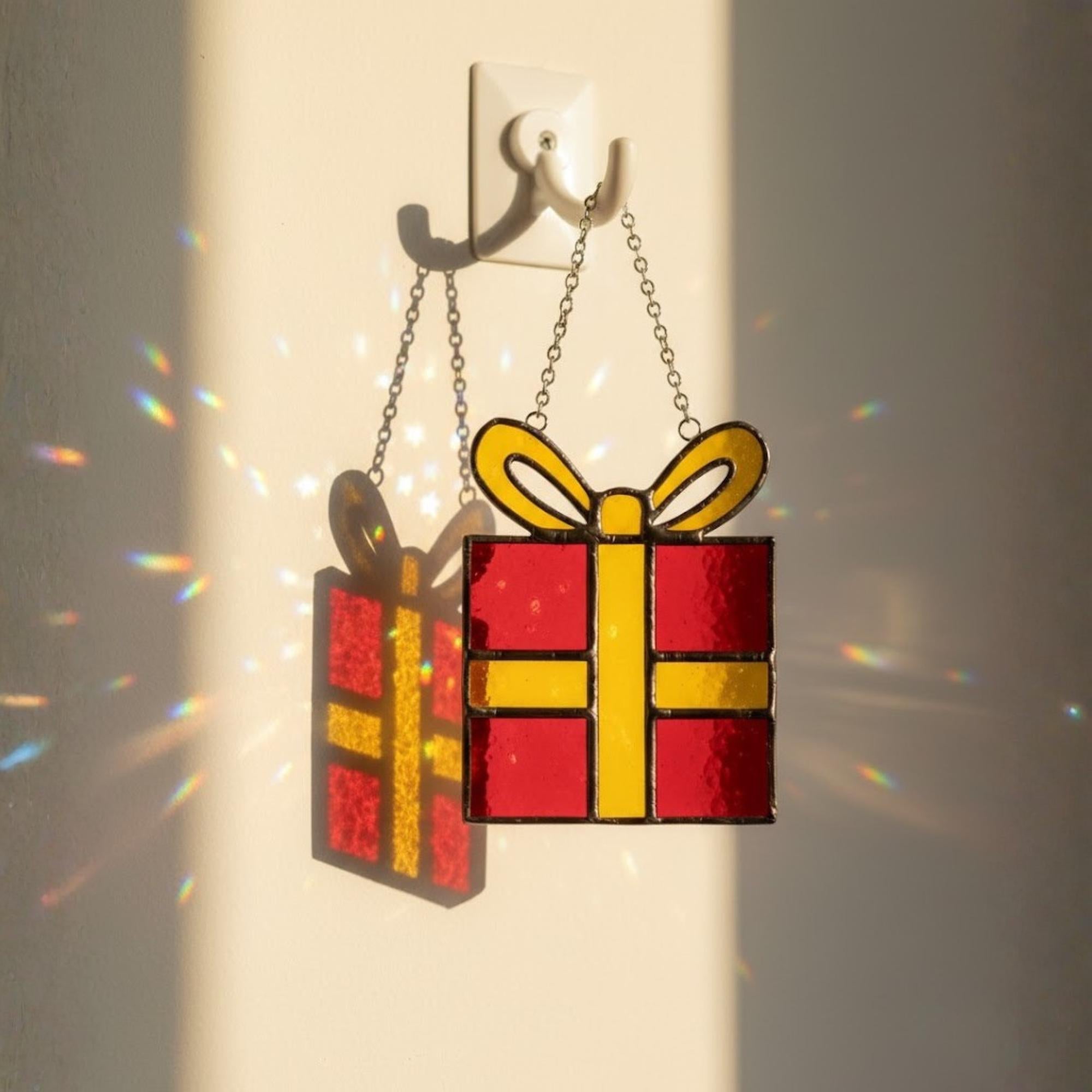 Red and white bauble stained glass ornament close up, Christmas tree décor