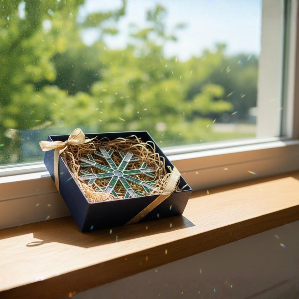 Gift box with stained glass snowflake ornament by window, ready for Christmas gifting