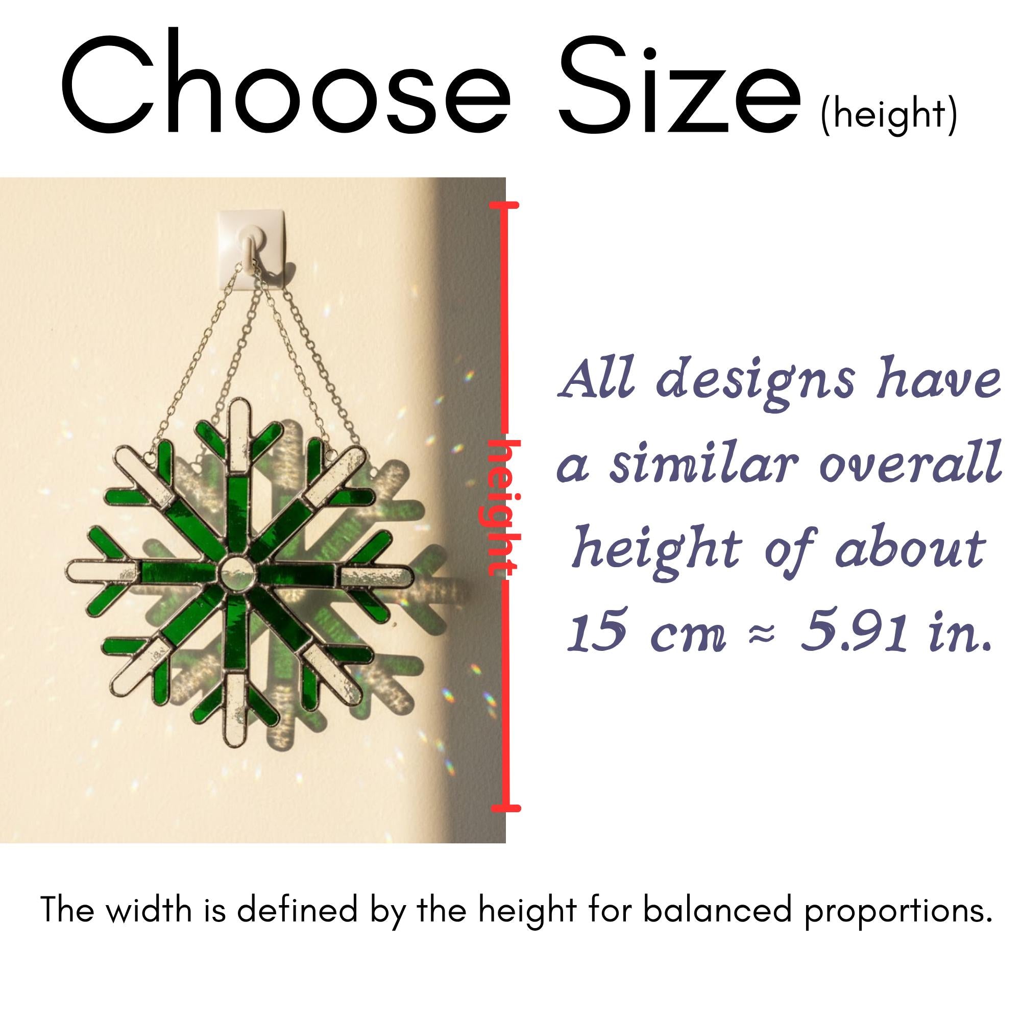 Size guide for stained glass snowflake suncatcher, approx 15 cm 5.9 inch height