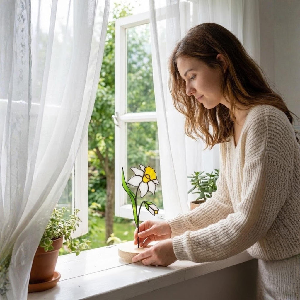 Stained Glass Narcissus, December Birth Flower Gift, Winter Birthday Gift for Her, Christmas Table Decor, Flower Stake