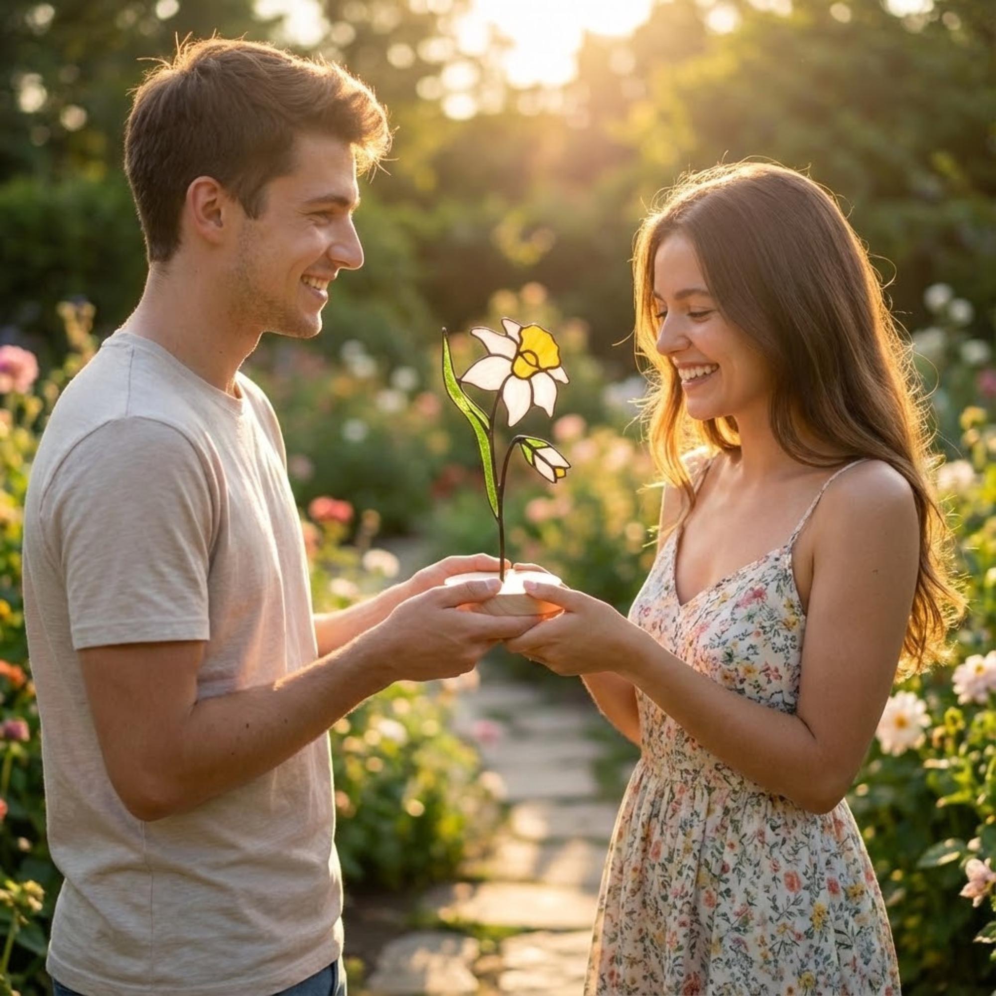 Stained Glass Narcissus, December Birth Flower Gift, Winter Birthday Gift for Her, Christmas Table Decor, Flower Stake