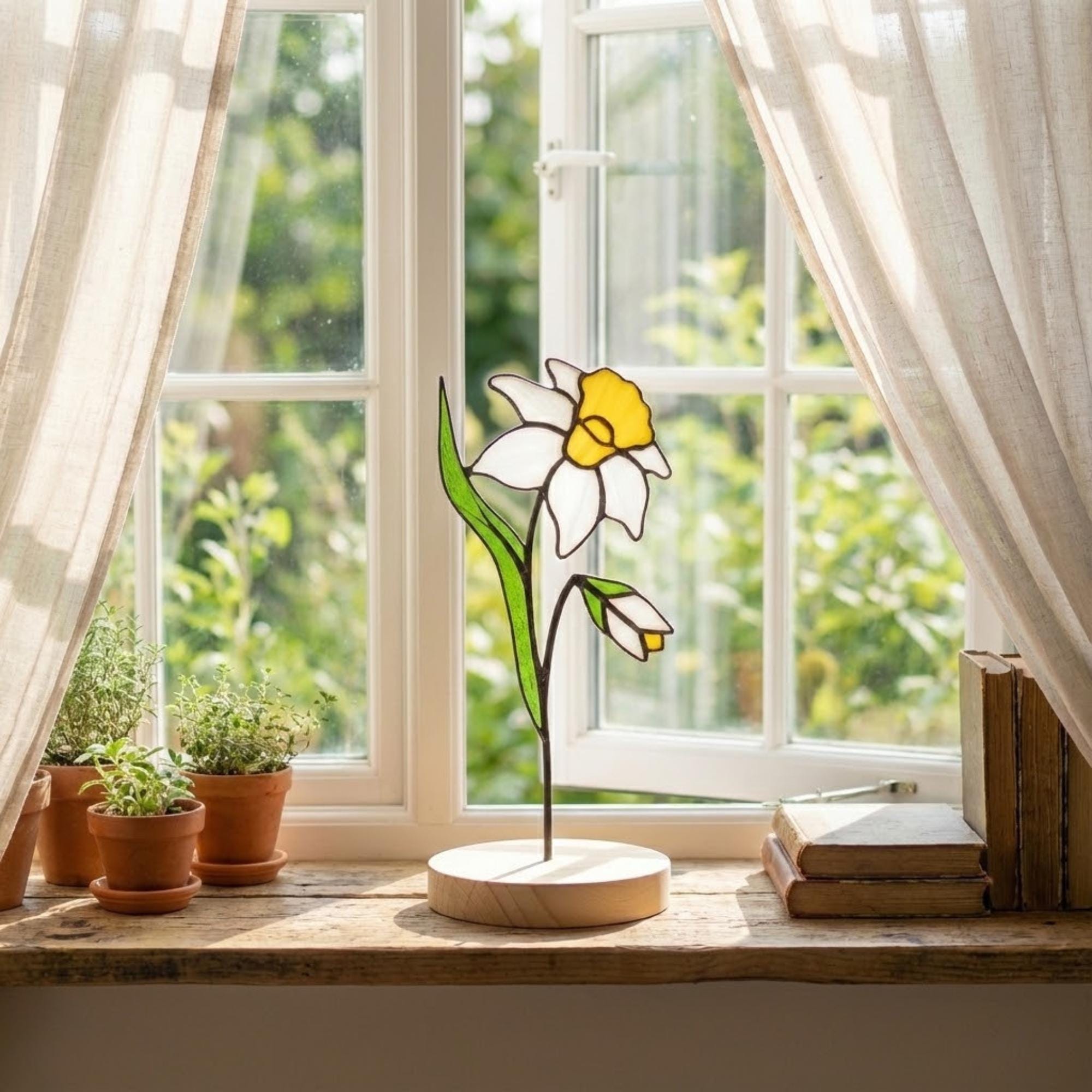 Stained Glass Narcissus, December Birth Flower Gift, Winter Birthday Gift for Her, Christmas Table Decor, Flower Stake