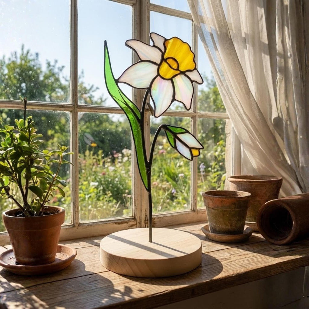 Stained Glass Narcissus, December Birth Flower Gift, Winter Birthday Gift for Her, Christmas Table Decor, Flower Stake