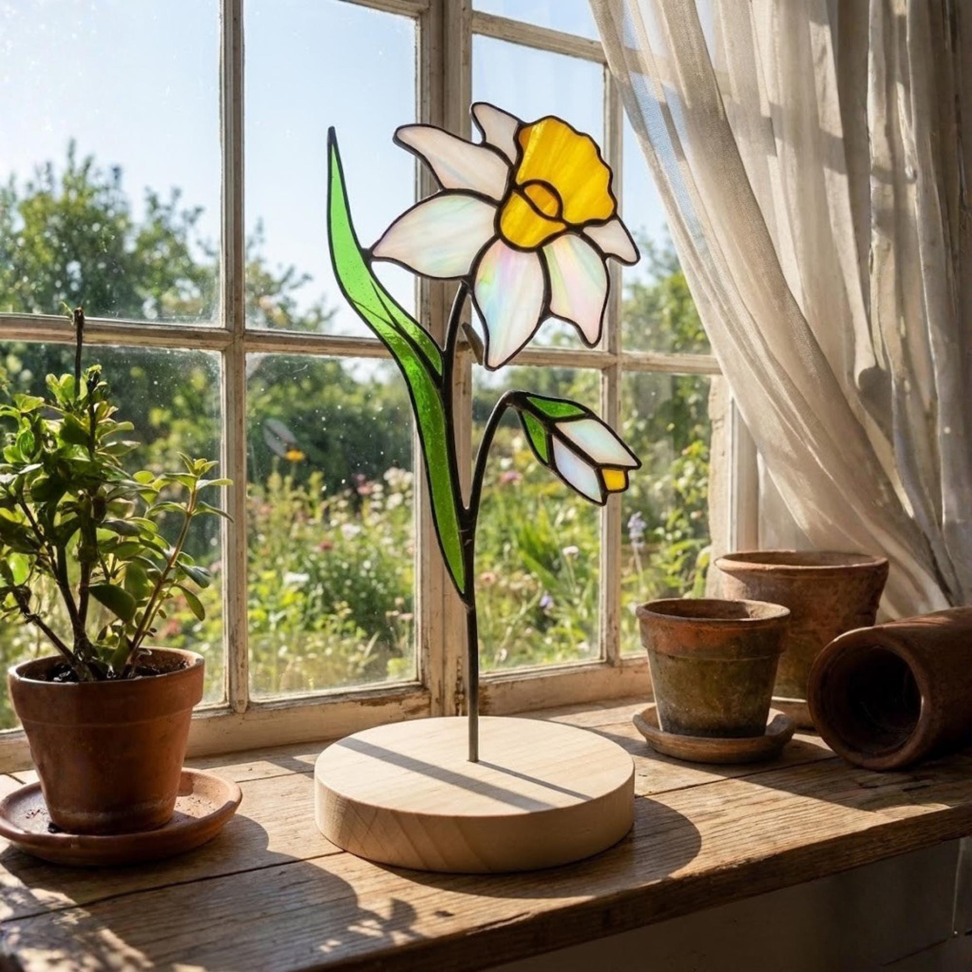 Stained Glass Narcissus, December Birth Flower Gift, Winter Birthday Gift for Her, Christmas Table Decor, Flower Stake