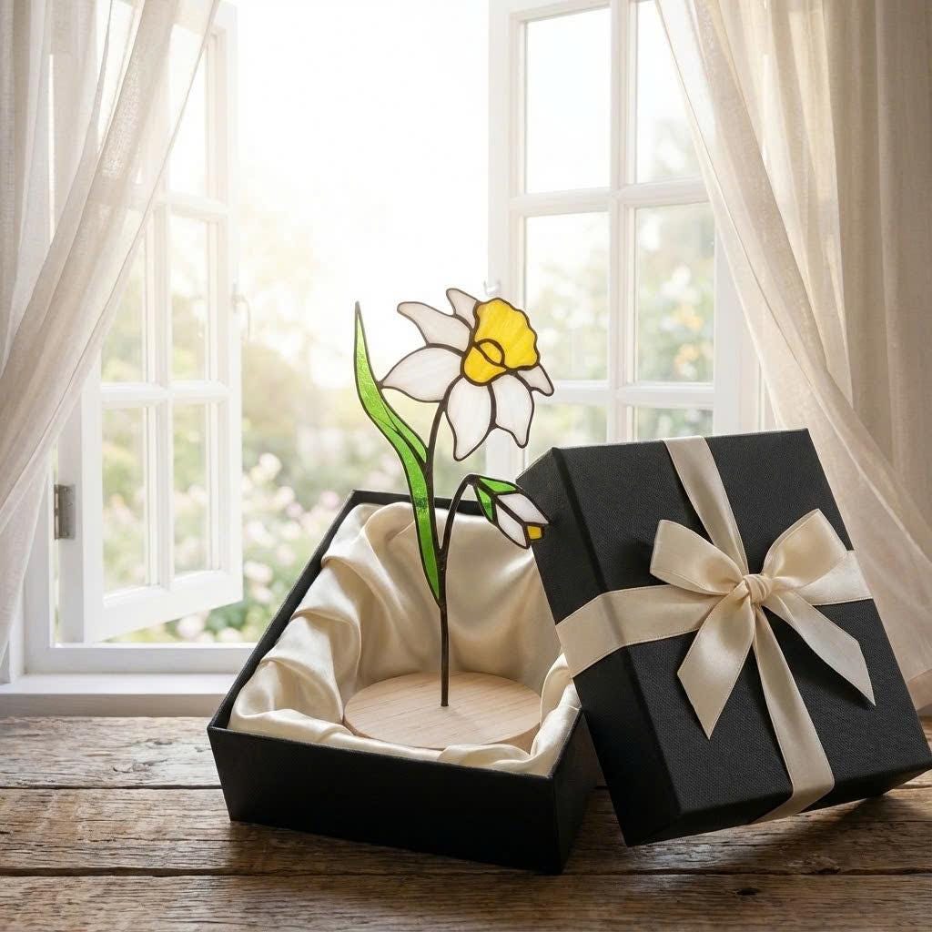 Stained Glass Narcissus, December Birth Flower Gift, Winter Birthday Gift for Her, Christmas Table Decor, Flower Stake