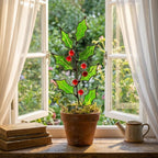 Close up of stained glass holly leaves capturing sunlight on window sill, suncatcher art.