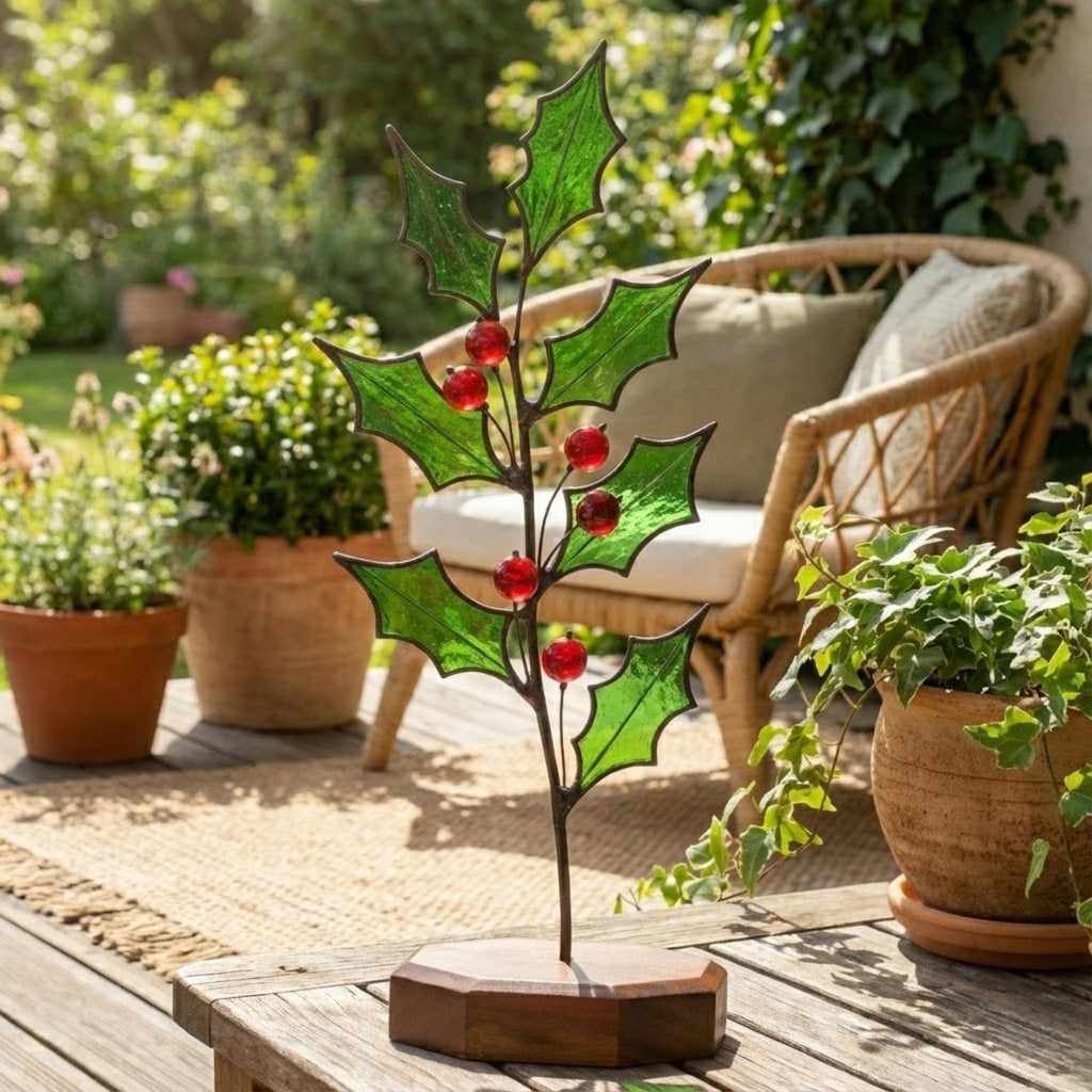 Stained glass plant decor on garden table near wicker chair, outdoor winter decoration.