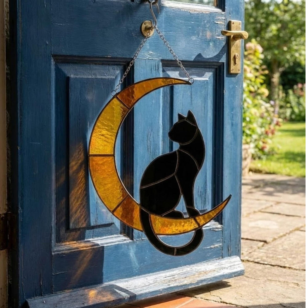Stained Glass Black Cat on Moon, Pet Memorial Gift, Cat Lover Suncatcher, Celestial Window Hanging, Christmas Gift for Her, Mom
