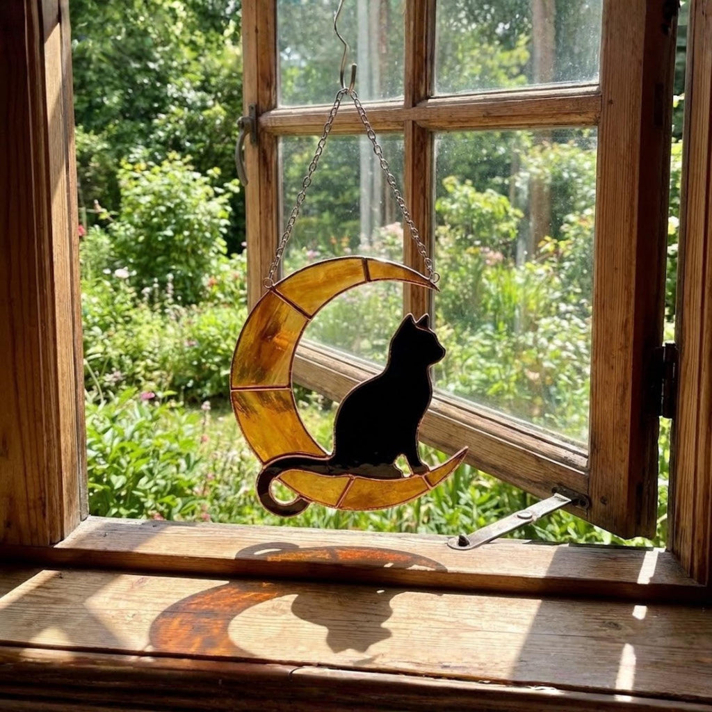 Stained Glass Black Cat on Moon, Pet Memorial Gift, Cat Lover Suncatcher, Celestial Window Hanging, Christmas Gift for Her, Mom