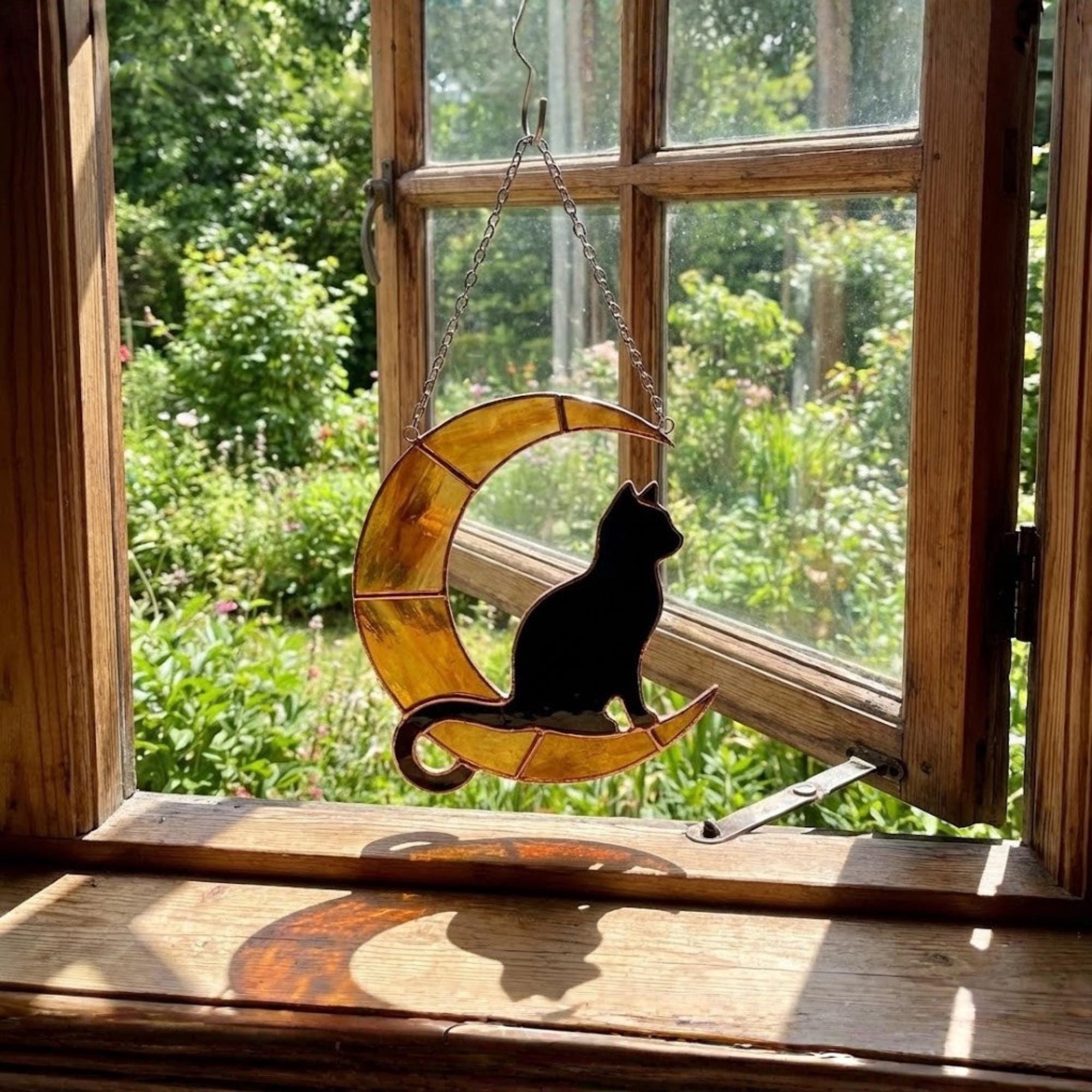 Stained Glass Black Cat on Moon, Pet Memorial Gift, Cat Lover Suncatcher, Celestial Window Hanging, Christmas Gift for Her, Mom
