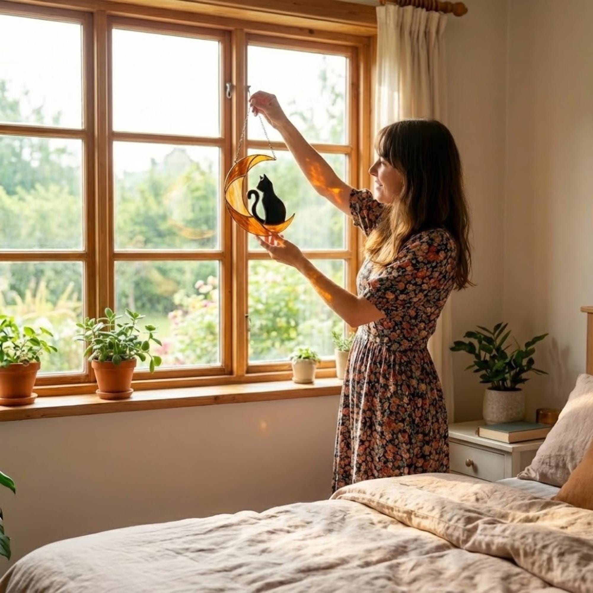 Stained Glass Black Cat on Moon, Pet Memorial Gift, Cat Lover Suncatcher, Celestial Window Hanging, Christmas Gift for Her, Mom