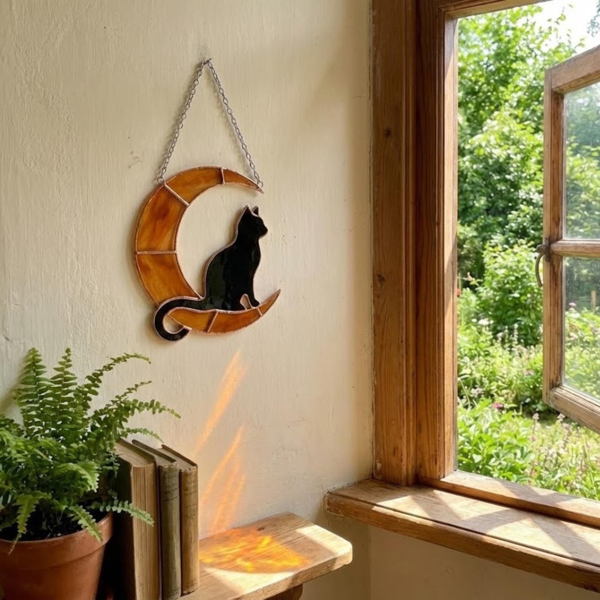 Stained Glass Black Cat on Moon, Pet Memorial Gift, Cat Lover Suncatcher, Celestial Window Hanging, Christmas Gift for Her, Mom