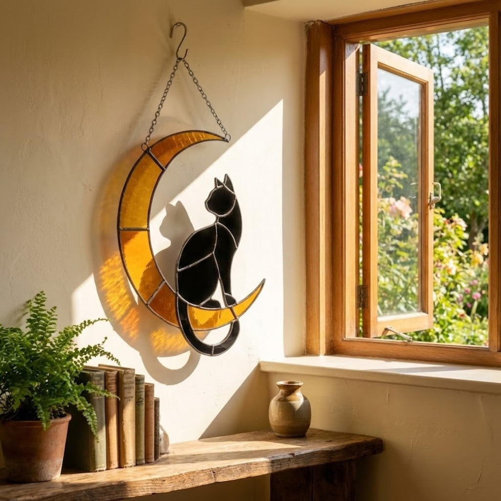 Stained Glass Black Cat on Moon, Pet Memorial Gift, Cat Lover Suncatcher, Celestial Window Hanging, Christmas Gift for Her, Mom