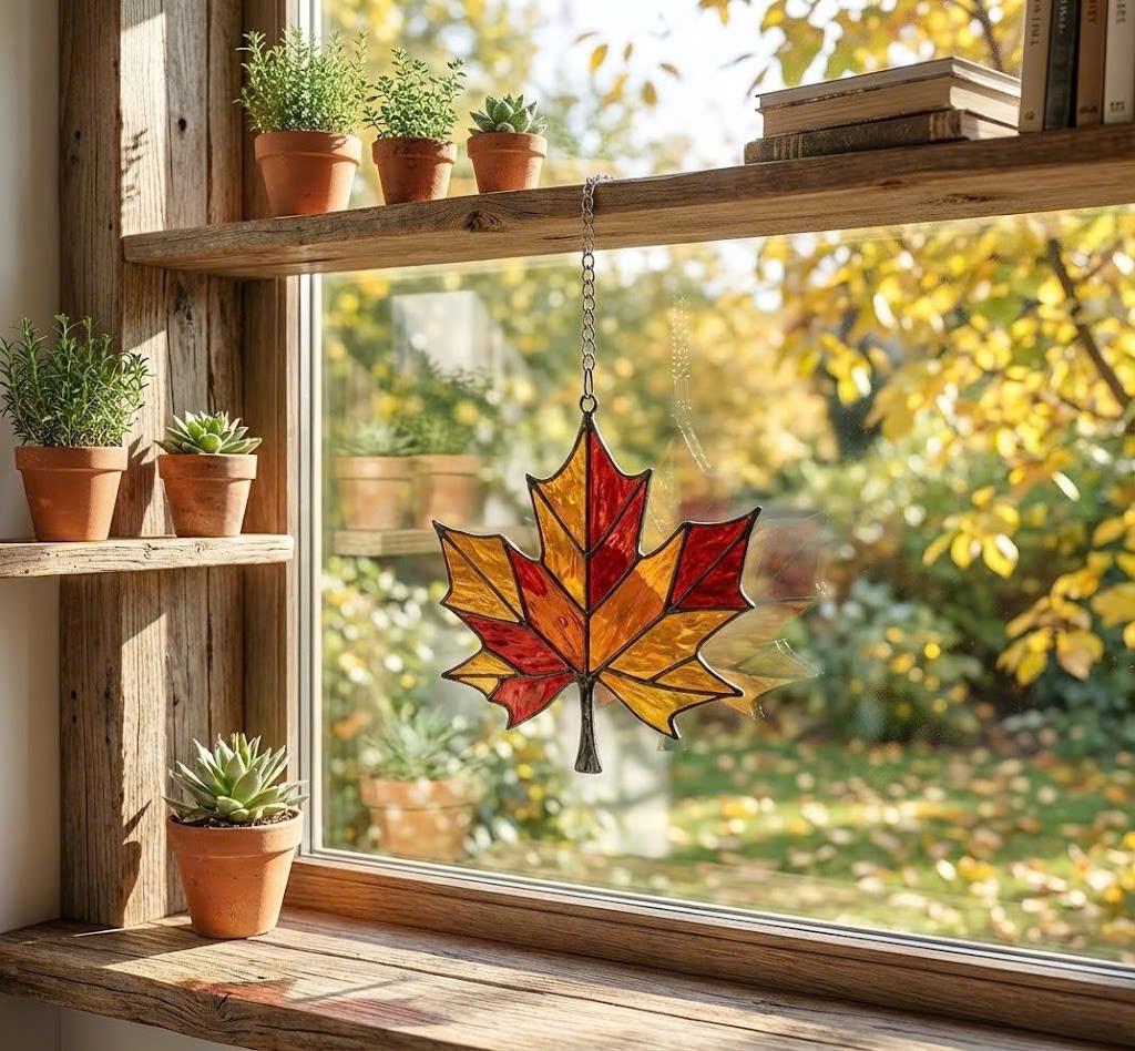 Stained Glass Maple Leaf Suncatcher, Fall Window Hanging, Autumn Home Decor, Thanksgiving Gift for Mom, Red Leaf Ornament