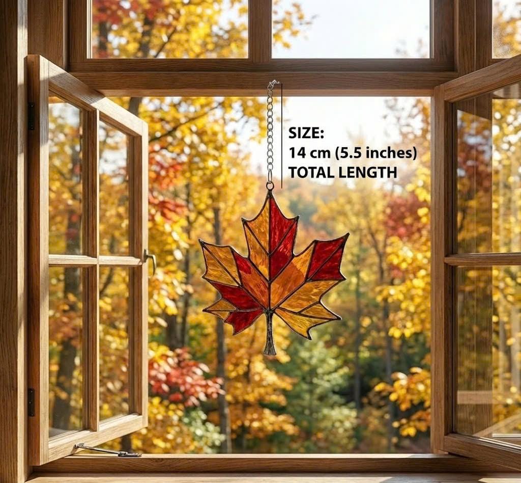 Stained Glass Maple Leaf Suncatcher, Fall Window Hanging, Autumn Home Decor, Thanksgiving Gift for Mom, Red Leaf Ornament