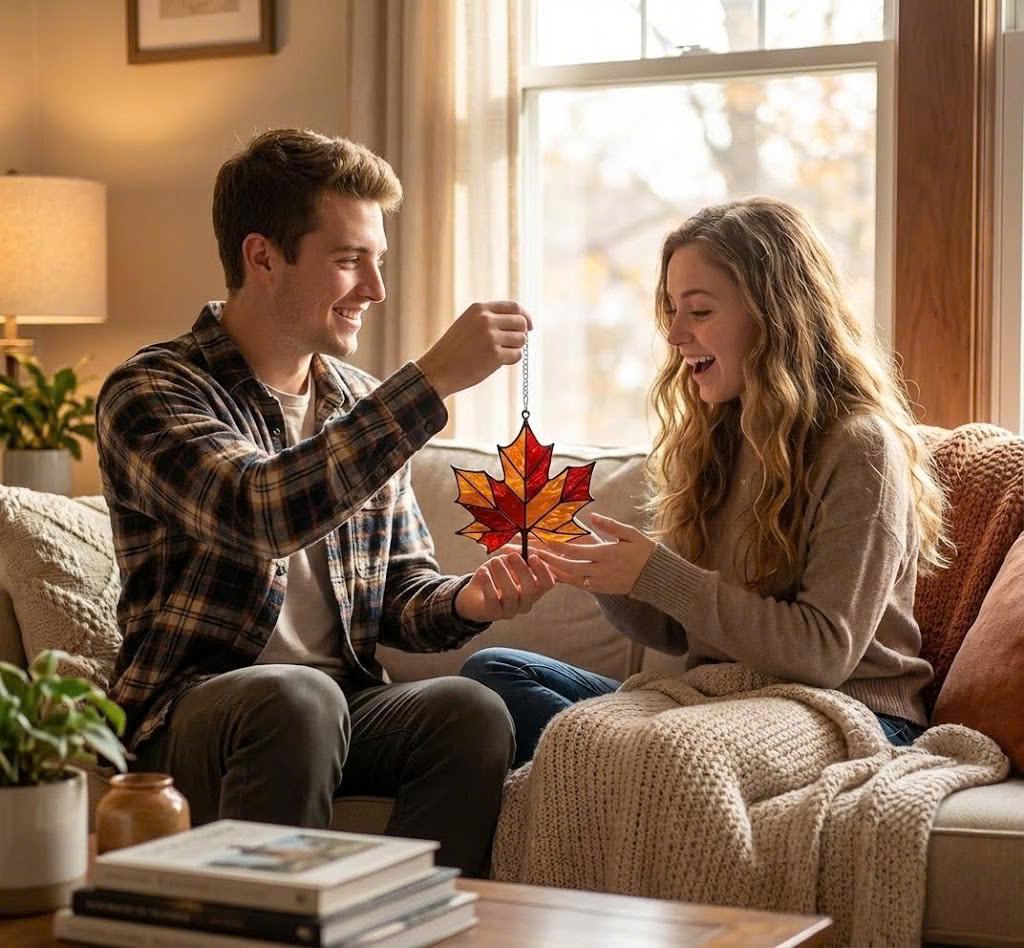 Stained Glass Maple Leaf Suncatcher, Fall Window Hanging, Autumn Home Decor, Thanksgiving Gift for Mom, Red Leaf Ornament