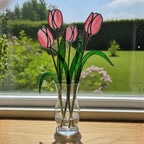 Stained Glass Tulip Suncatcher – Pink Tulip Flower Bouquet, Spring Window Hanging Decor, Handmade Glass Flower, Gift for Mom & Grandma