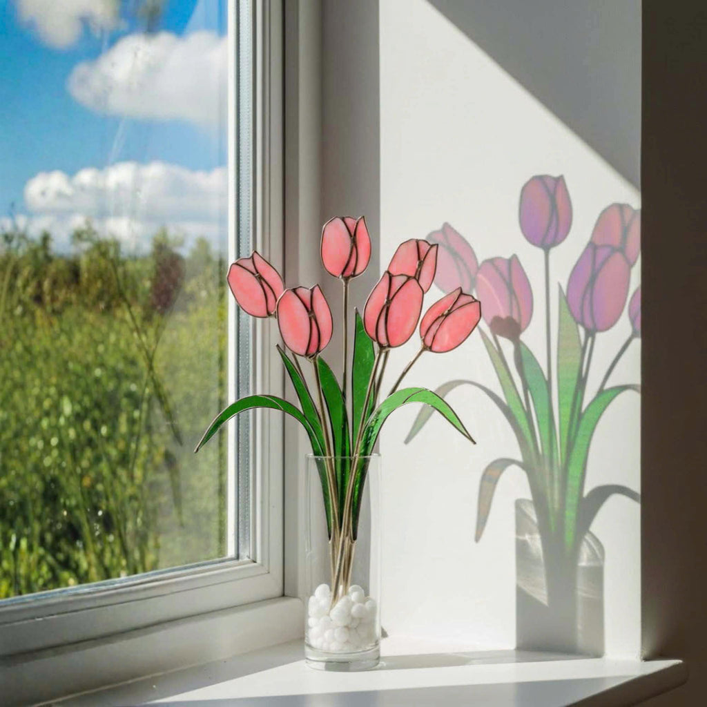 Stained Glass Tulip Bouquet – Handmade Floral Window Decor – Unique Mother’s Day Gift, Spring Home Décor & Birthday Gift for Her
