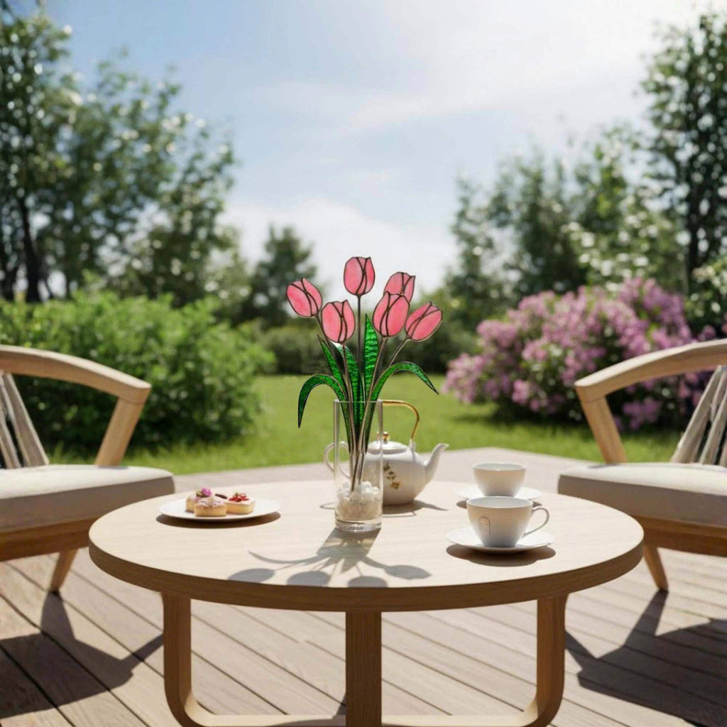 Stained Glass Tulip Suncatcher – Pink Tulip Flower Bouquet, Spring Window Hanging Decor, Handmade Glass Flower, Gift for Mom & Grandma