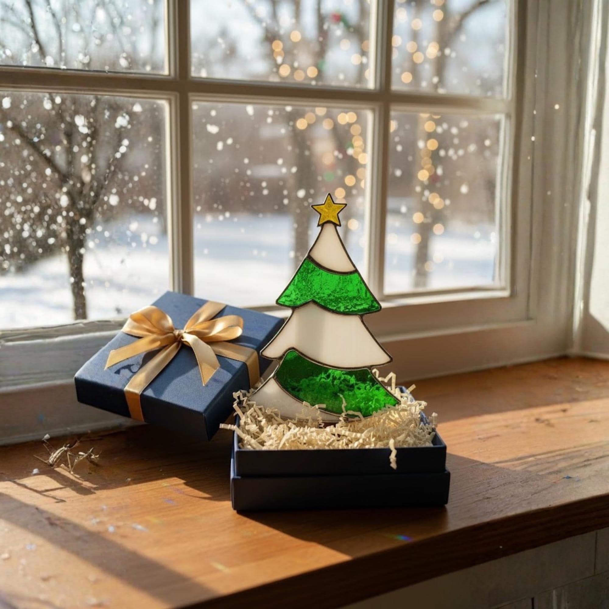 Stained glass Christmas tree ornament in gift box by window, ready for holiday gifting