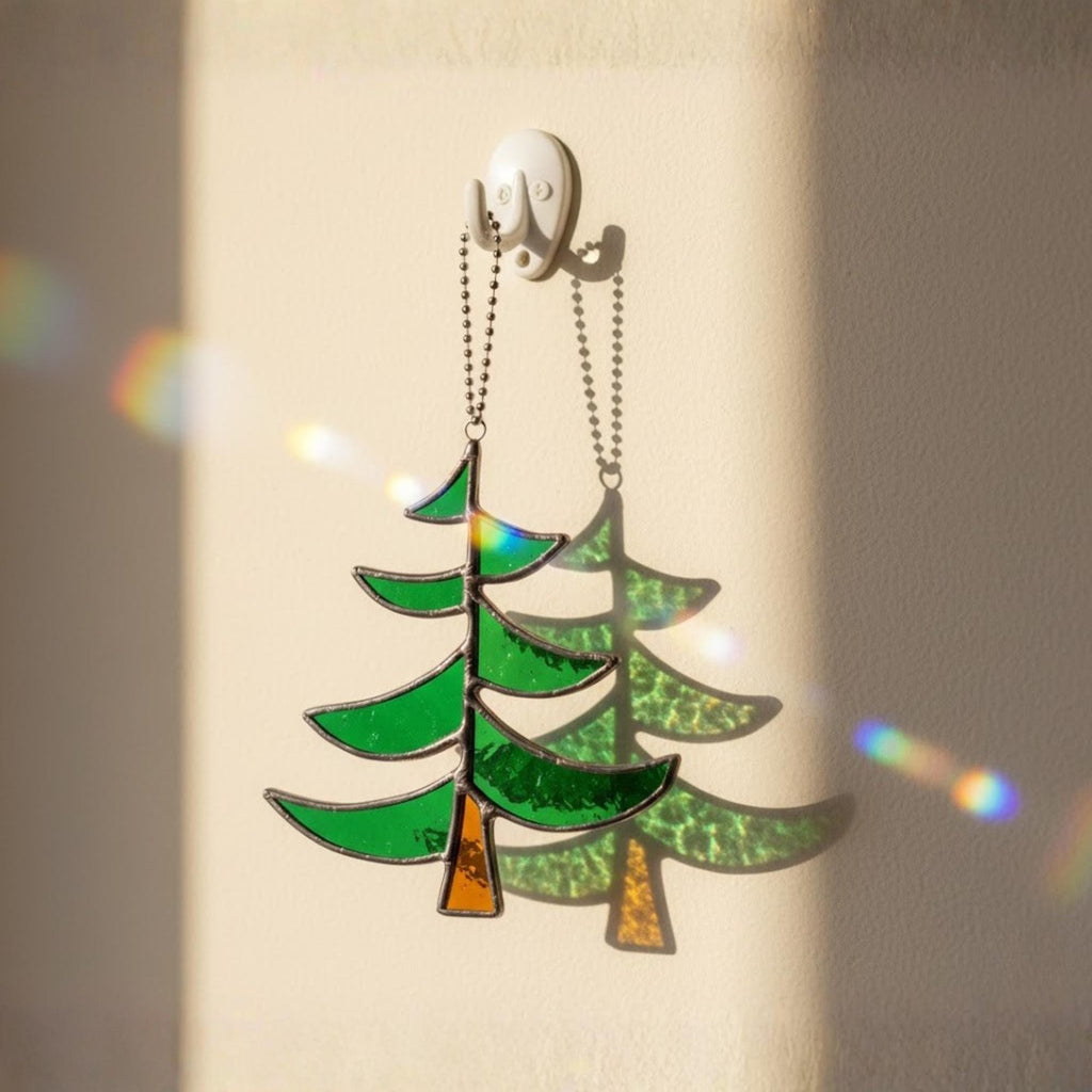 Layered green stained glass tree with star, handmade window suncatcher