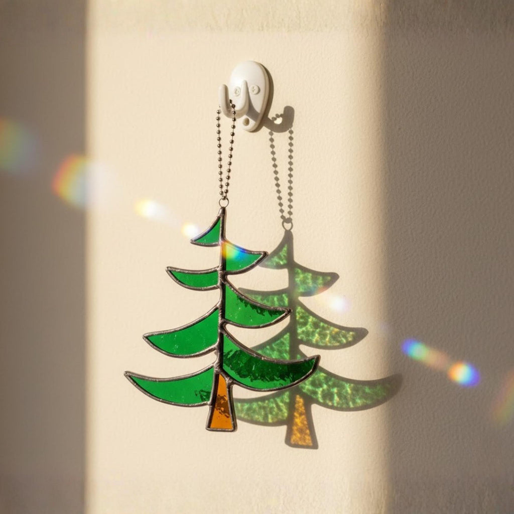 Layered green stained glass tree with star, handmade window suncatcher